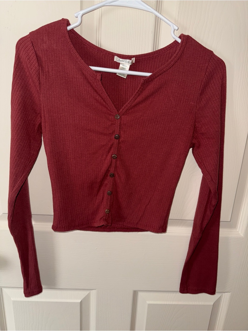 Bozzolo Ribbed Button-Front Long Sleeve Top - Wine
